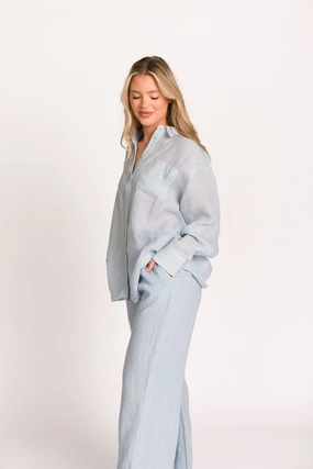 Easy Flex Design Soft Brushed Lining Pip Wide Leg Linen Pants in Light Blue