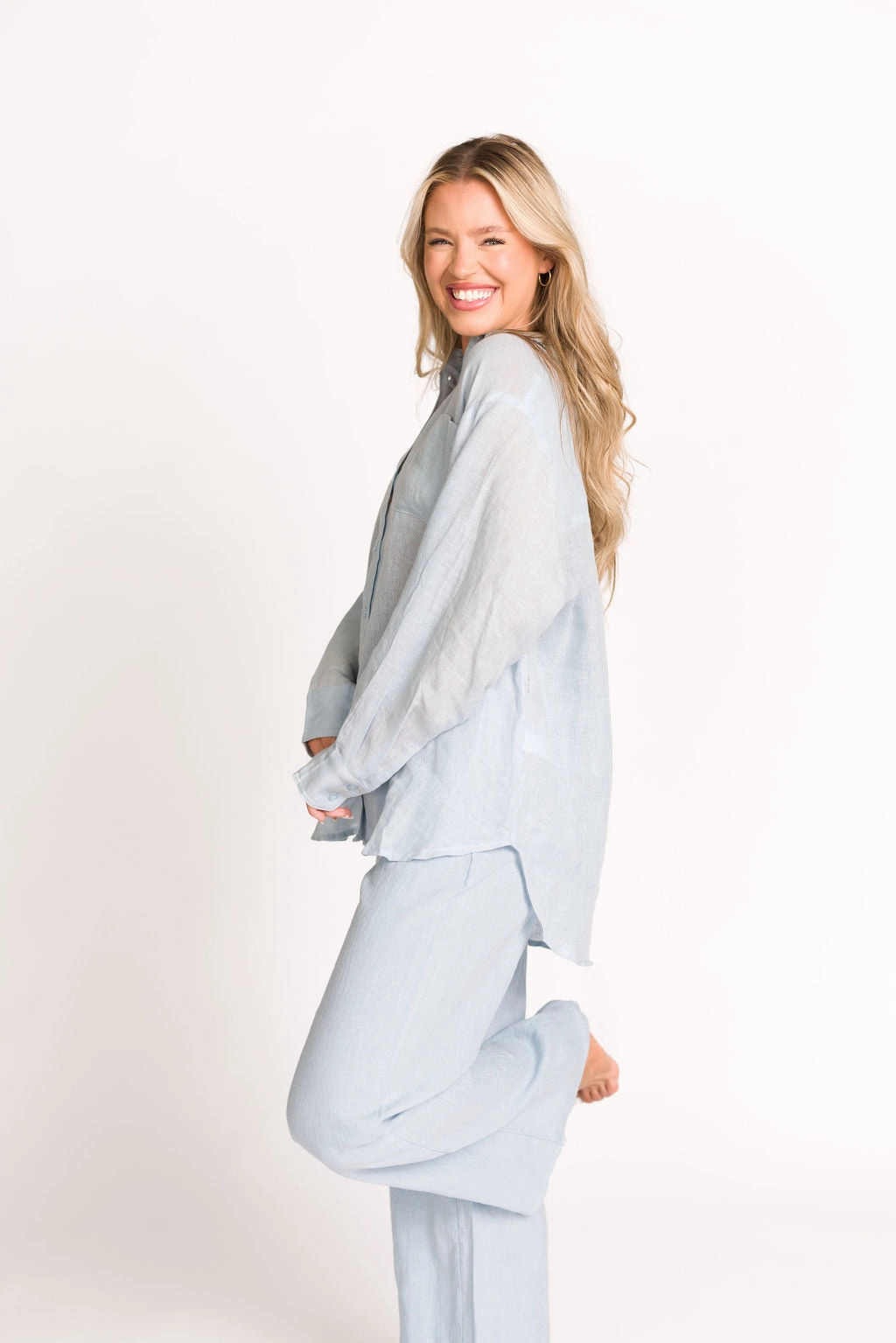 Pip Wide Leg Linen Pants in Light Blue Relaxed Comfort Fit GussetedCrotch