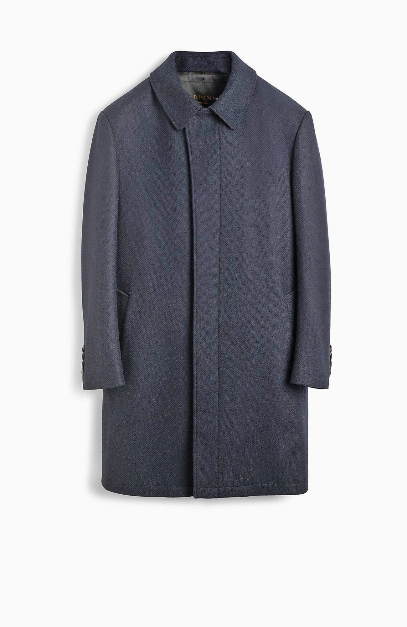 Odor Resistant Finish Hooded styles PLATINUM NAVY HERRINGBONE WOOL OVERCOAT