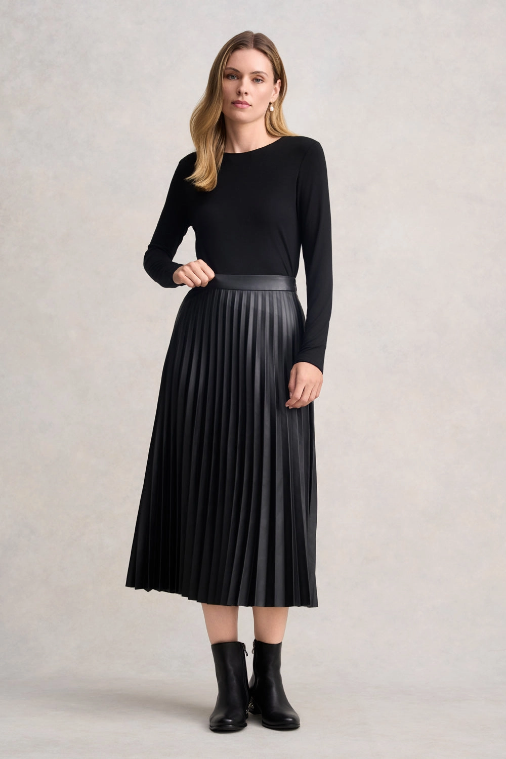 Pleated Faux Leather Skirt - Black High Waist