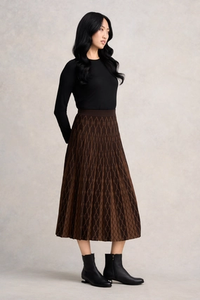 Sleek Vibe Pleated Knit Skirt - Chocolate & Camel