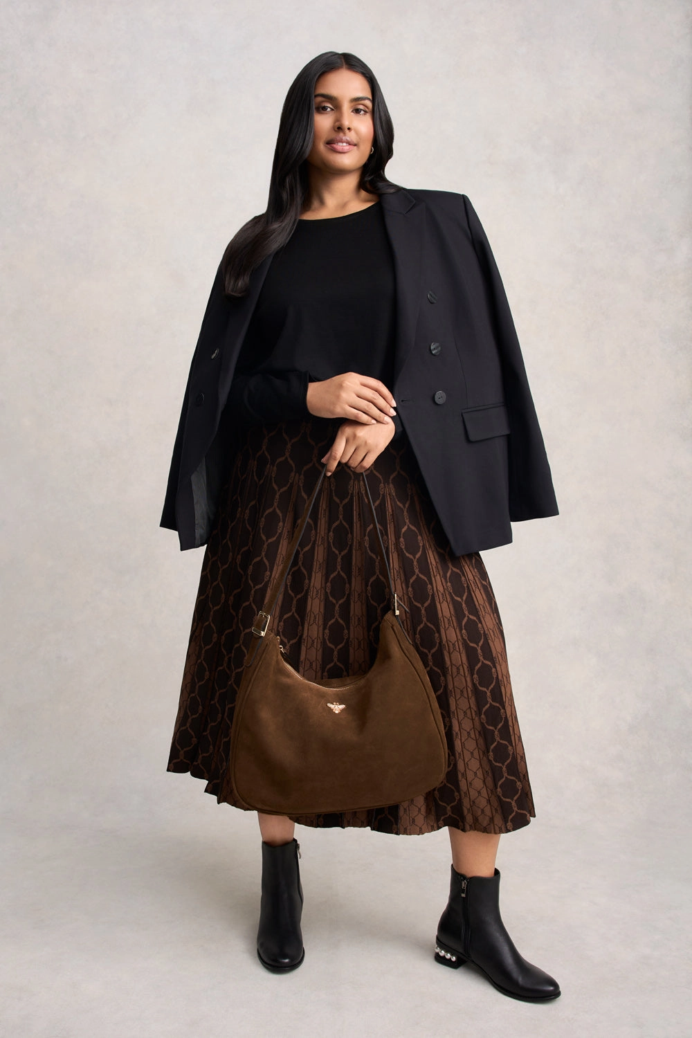 Pleated Knit Skirt - Chocolate & Camel Outfit Diary Hidden Zipper