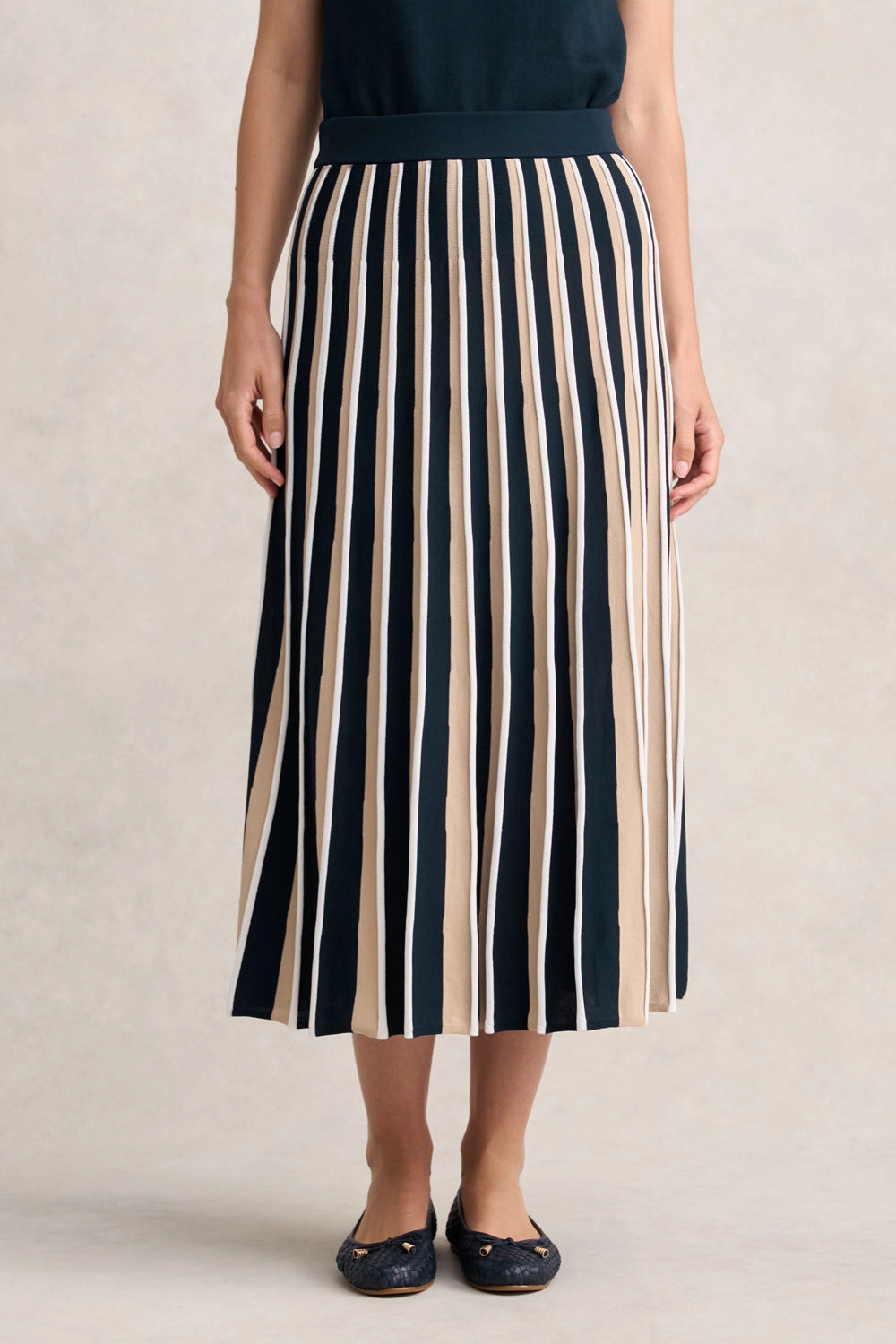 Pleated Knit Skirt - Deep Navy Stripe Outfit Lookbook