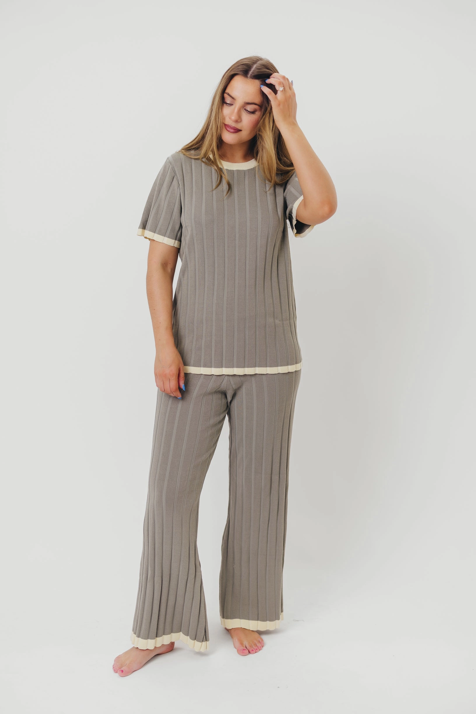 Adele Ribbed Knit Top and Pants Set in Dusty Olive *Final-Sale* Elegant Cardigan Organic Cotton Fiber