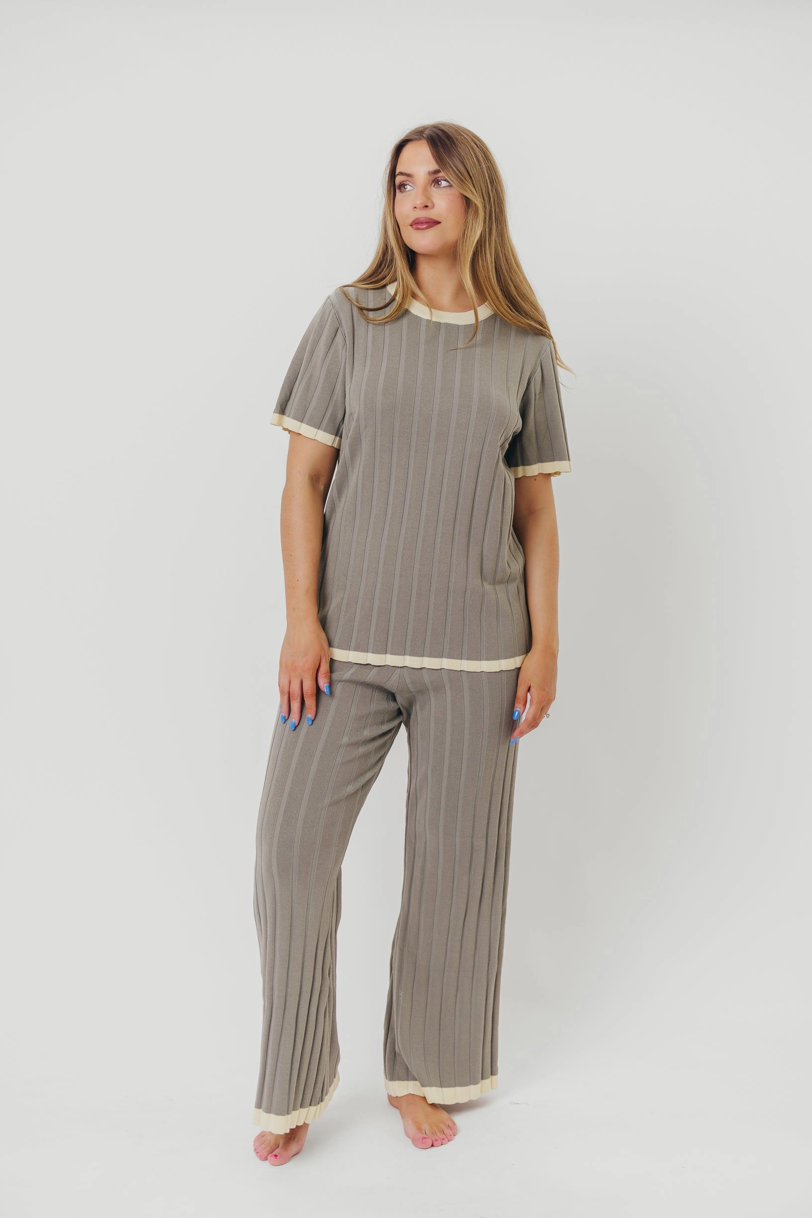 Lightweight Knit Adele Ribbed Knit Top and Pants Set in Dusty Olive *Final-Sale*