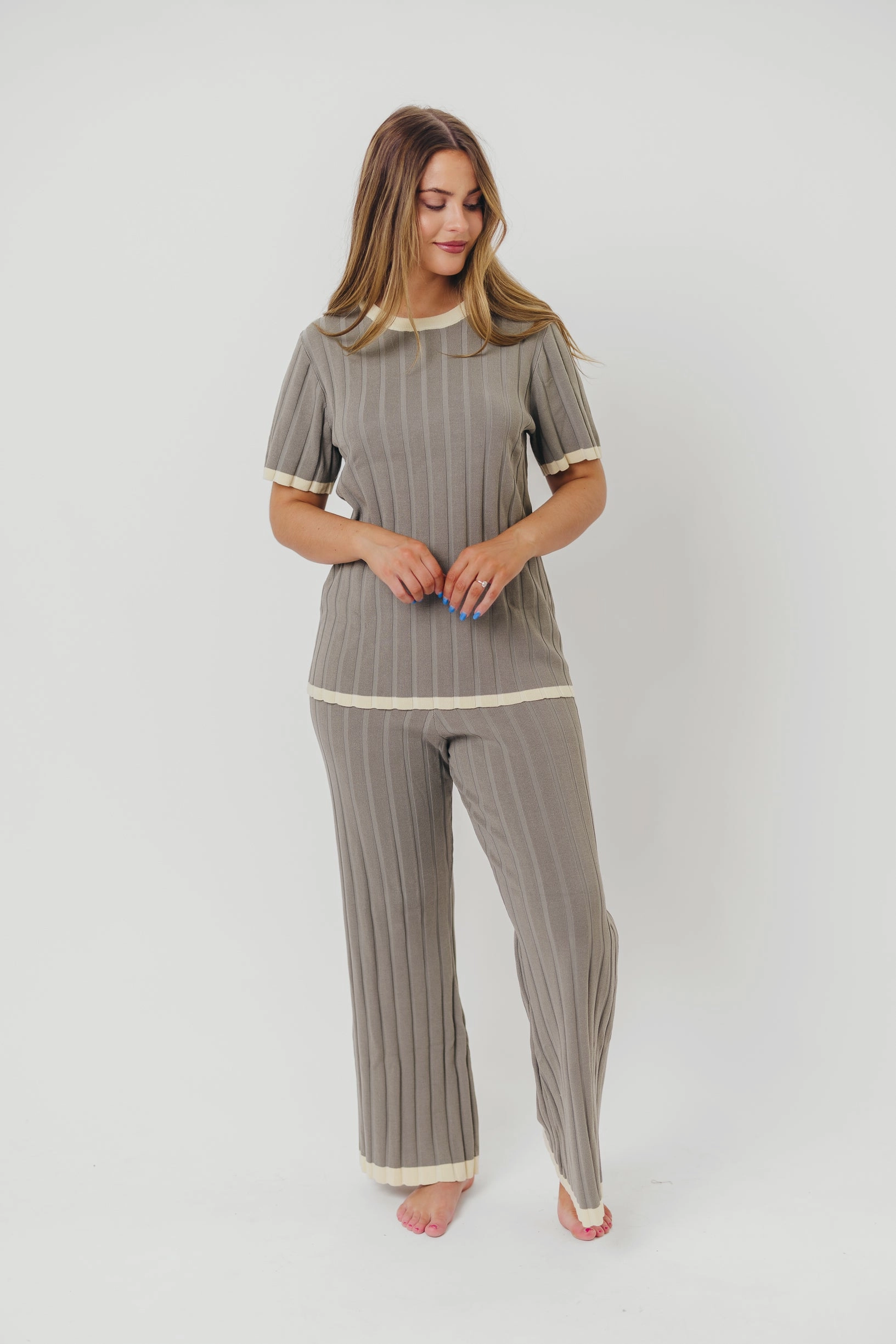 Eco Friendly Dye Contrast Topstitching Detail Adele Ribbed Knit Top and Pants Set in Dusty Olive *Final-Sale*