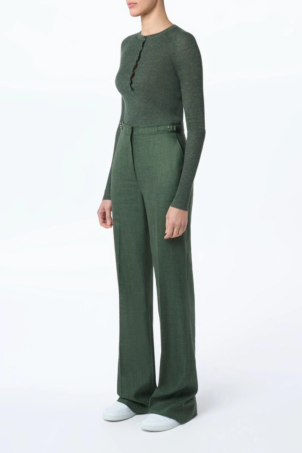 Vesta Flared Pant in Olive Virgin Wool Silk with Linen Chic Office Style