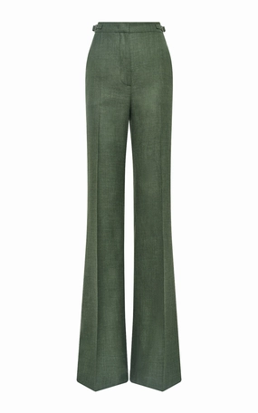 Elegant Workwear Vesta Flared Pant in Olive Virgin Wool Silk with Linen