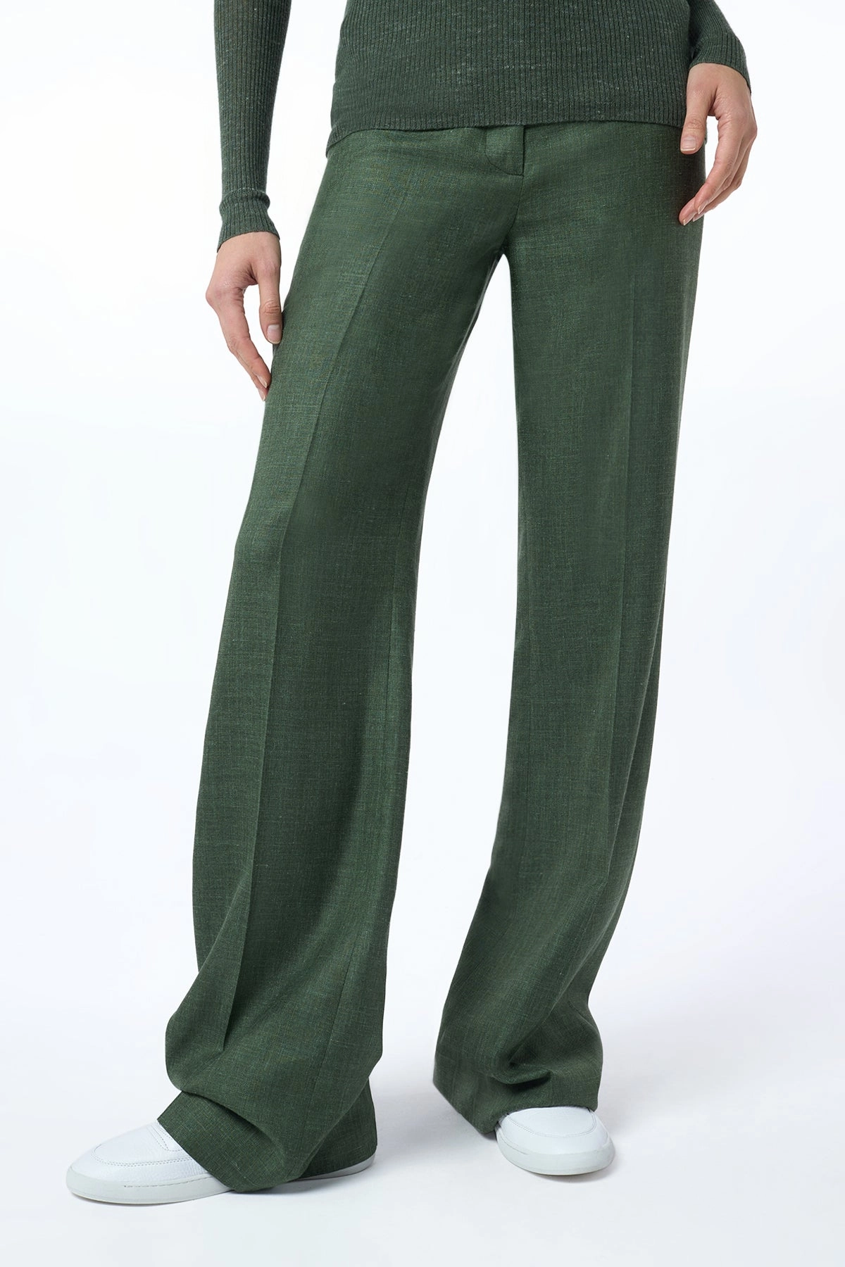 Vesta Flared Pant in Olive Virgin Wool Silk with Linen Crisp Wear Timeless Cut