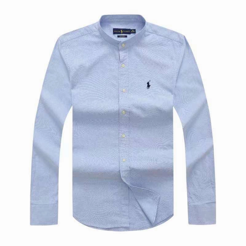 Work From Home Breathable Cotton Polo Ralph Lauren Band Collar Oxford Sky Blue Long Sleeve Men Shirt