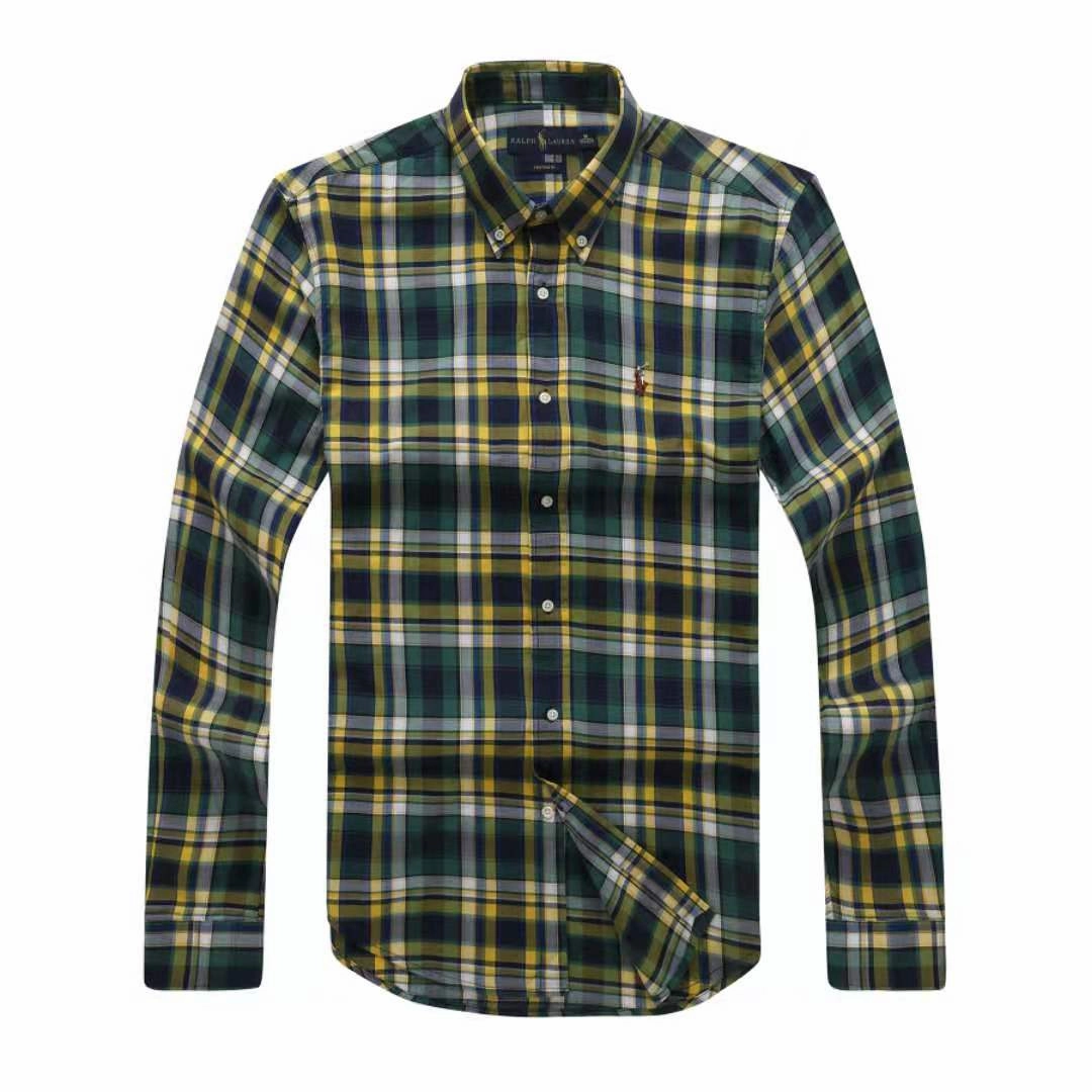 Odorless Binding Tape Hidden Button Placket Polo RL Long Sleeve Green/Yellow Check Men shirt