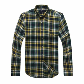 Odorless Binding Tape Hidden Button Placket Polo RL Long Sleeve Green/Yellow Check Men shirt
