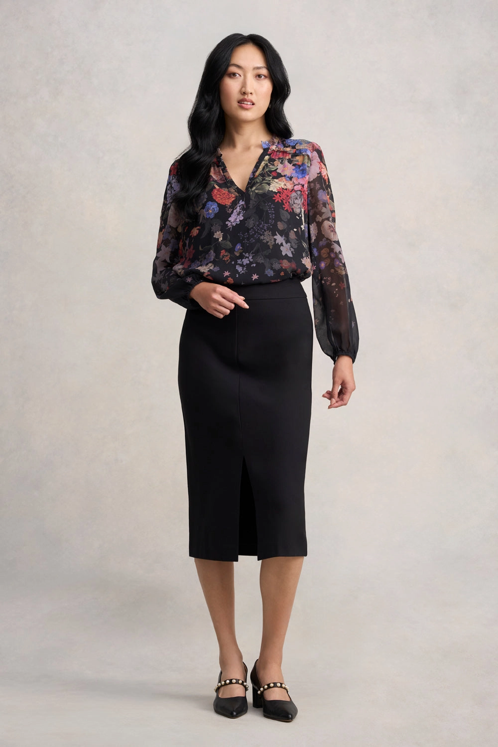 Lightweight texture Laser cut Ponte Midi Skirt - Black