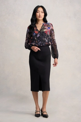 Lightweight texture Laser cut Ponte Midi Skirt - Black