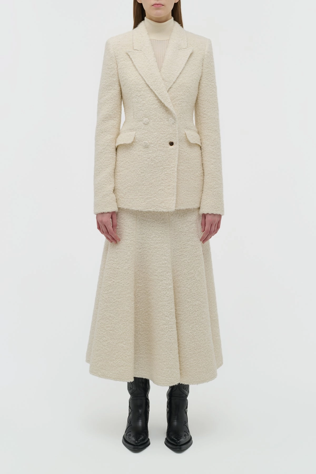 Stephanie Blazer in Ivory Recycled Cashmere Boucle Business Casual Comfort Tailoring Enhancement Features