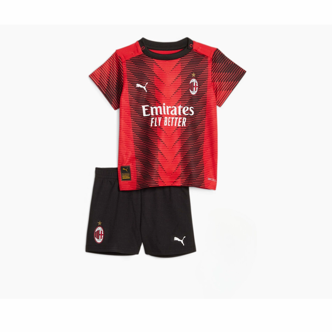 Kids A.C. Milan 23/24 Home Kit Full Set Shirt & Short Drop Tail Hem Non Slip Hem
