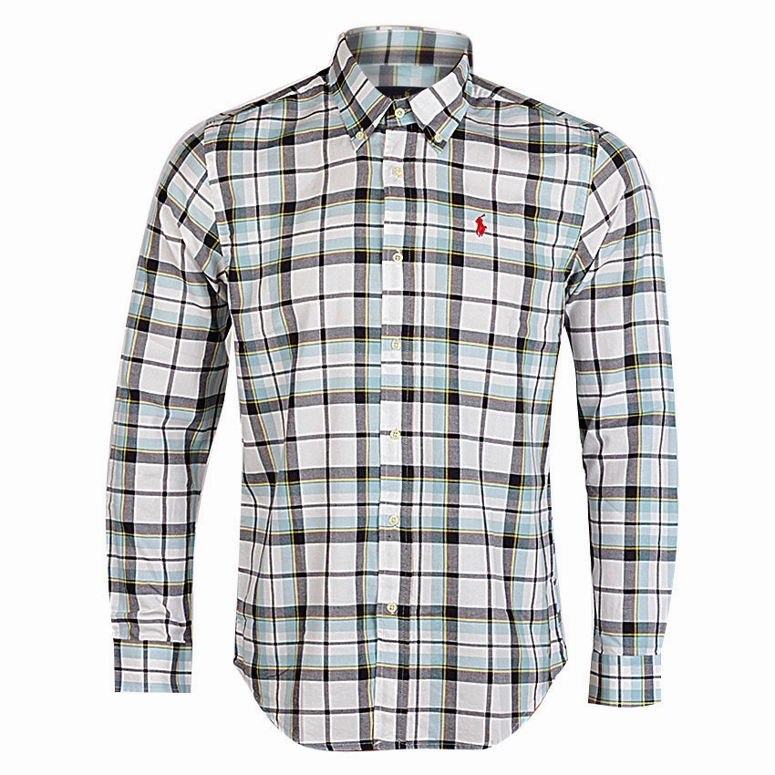 R L Oxford Check Long Sleeve White/ Sky Blue Casual Wear Seamless Shoulder Construction