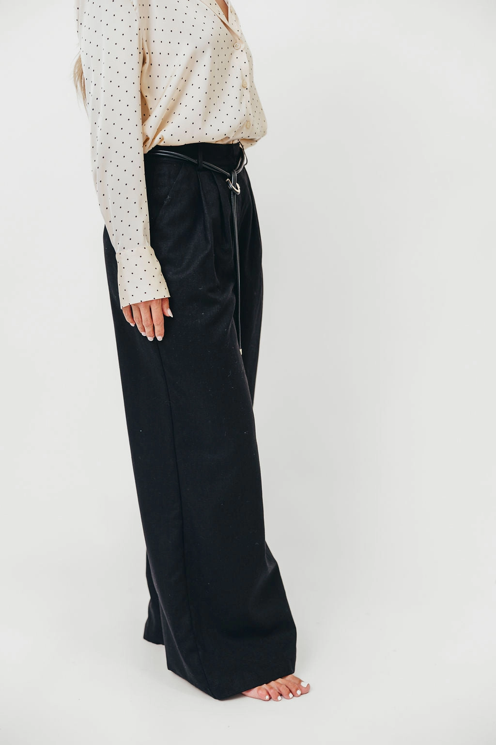 Raven Wide-Leg Tailored Trousers with Gold Accent Belt in Black *Final-Sale* Practical Style Corduroy texture