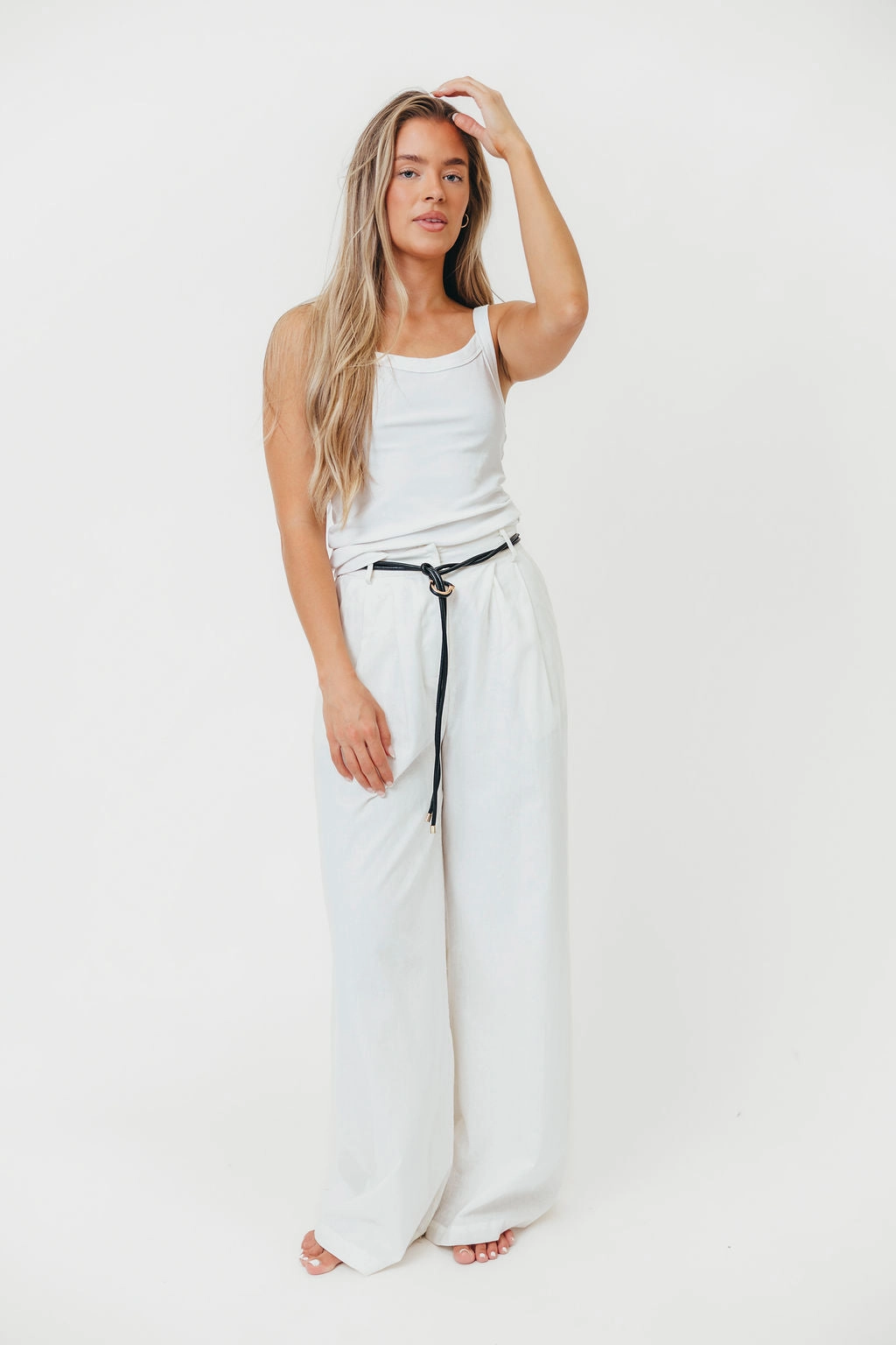 Comfort Focused Low Maintenance Raven Wide-Leg Tailored Trousers with Gold Accent Belt in White *Final-Sale*