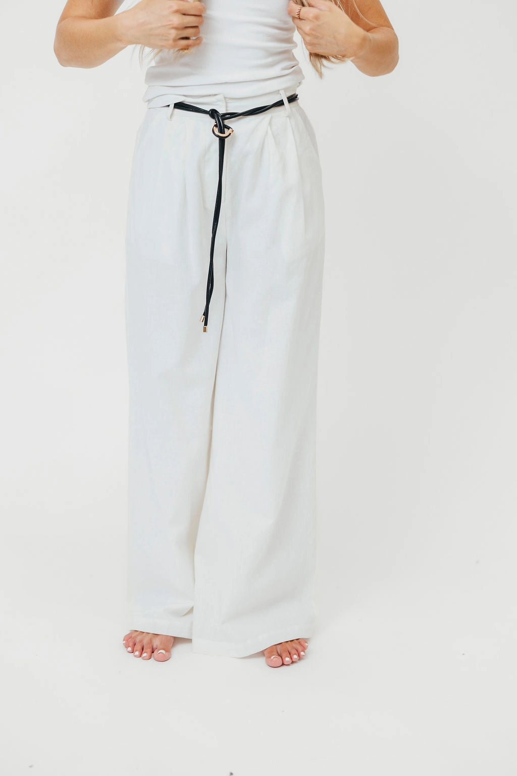 Eco Dye Process Raven Wide-Leg Tailored Trousers with Gold Accent Belt in White *Final-Sale*