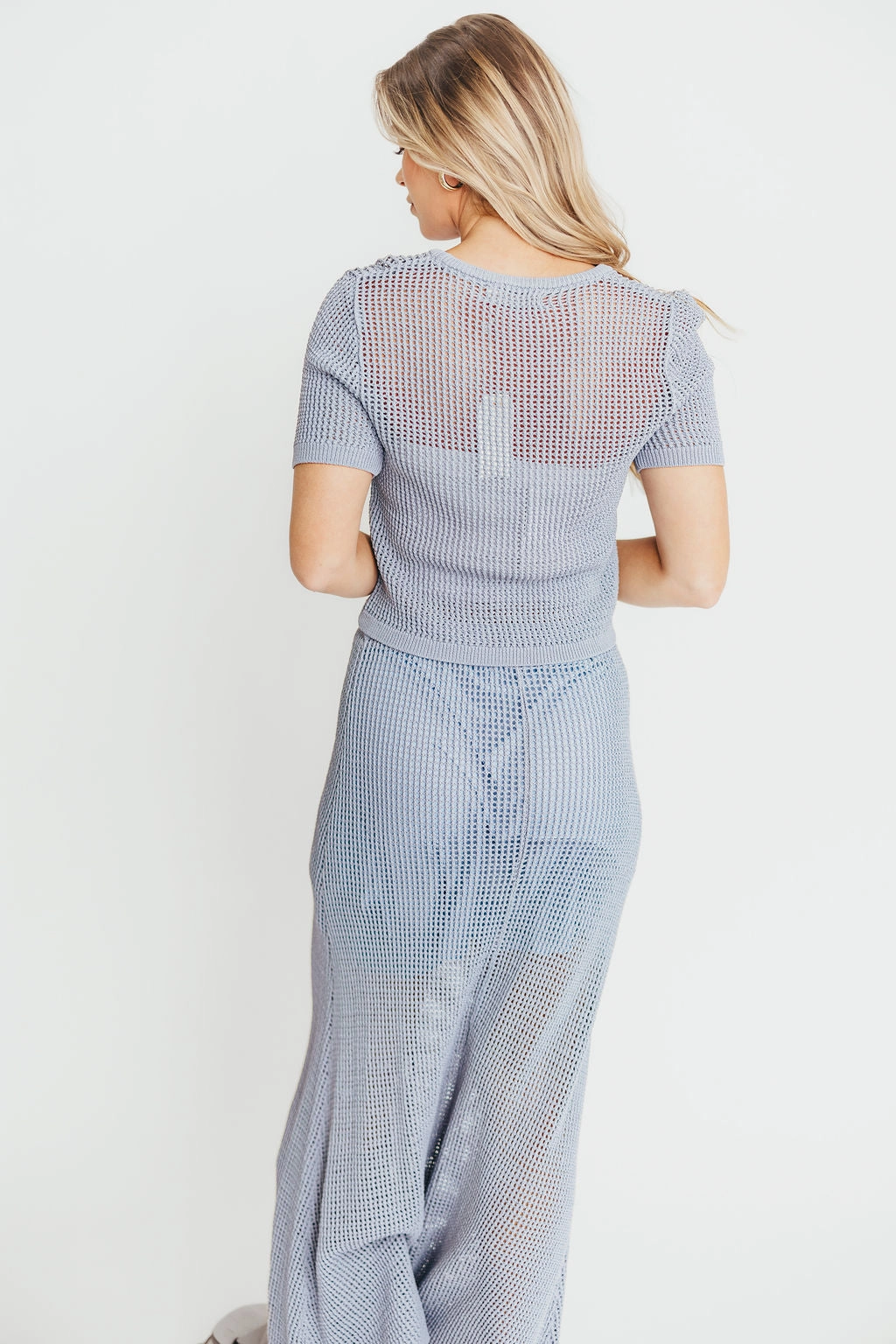 Aidan Open Knit Top and Maxi Skirt Set in Blue Grey *Final-Sale* Comfy Cardigan Wrinkle Free Weave
