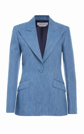 Leiva Blazer in Medium Blue Recycled Cotton Linen Denim Perfectly Fitted Chic Fit Wear