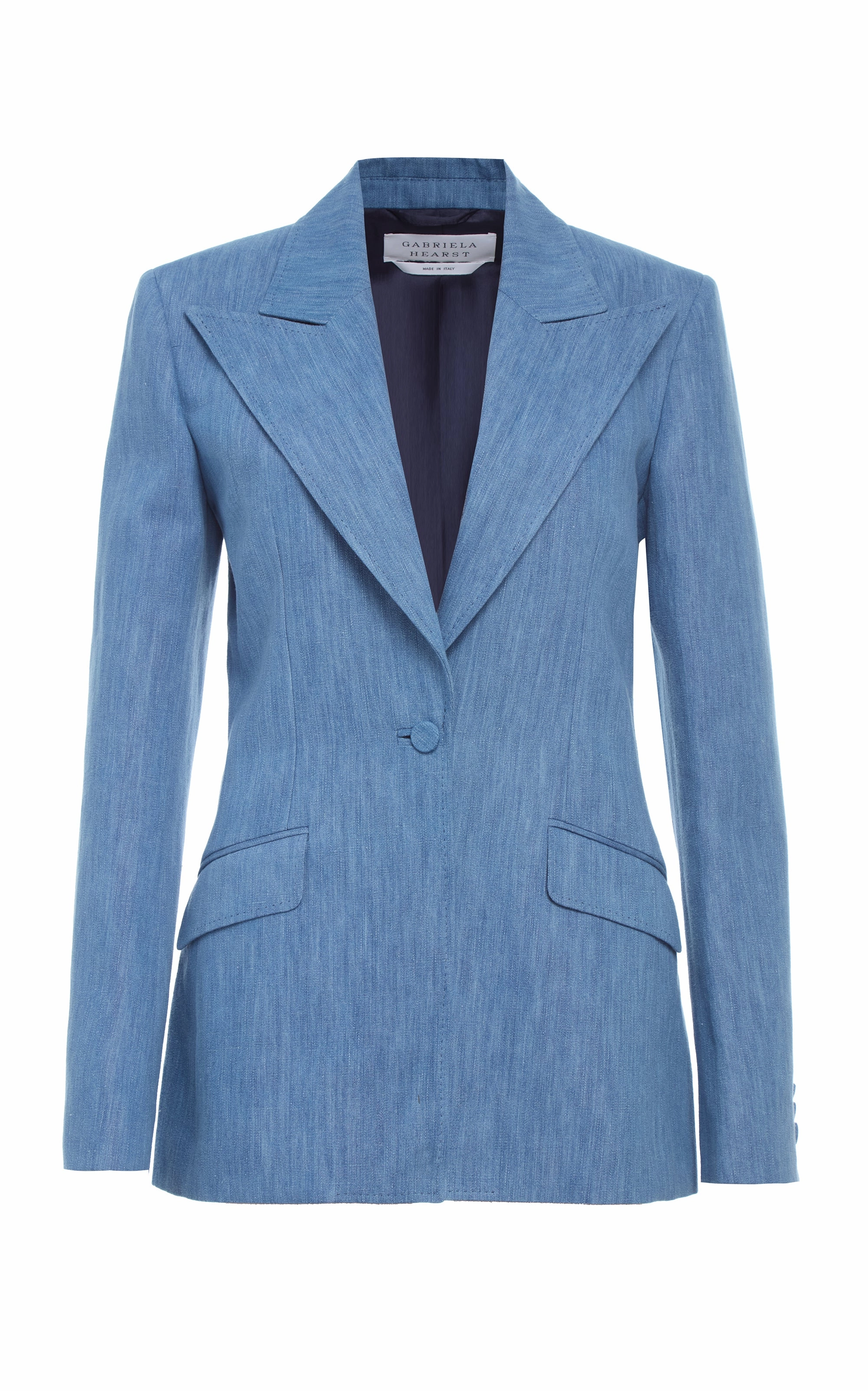 Leiva Blazer in Medium Blue Recycled Cotton Linen Denim Perfectly Fitted Chic Fit Wear