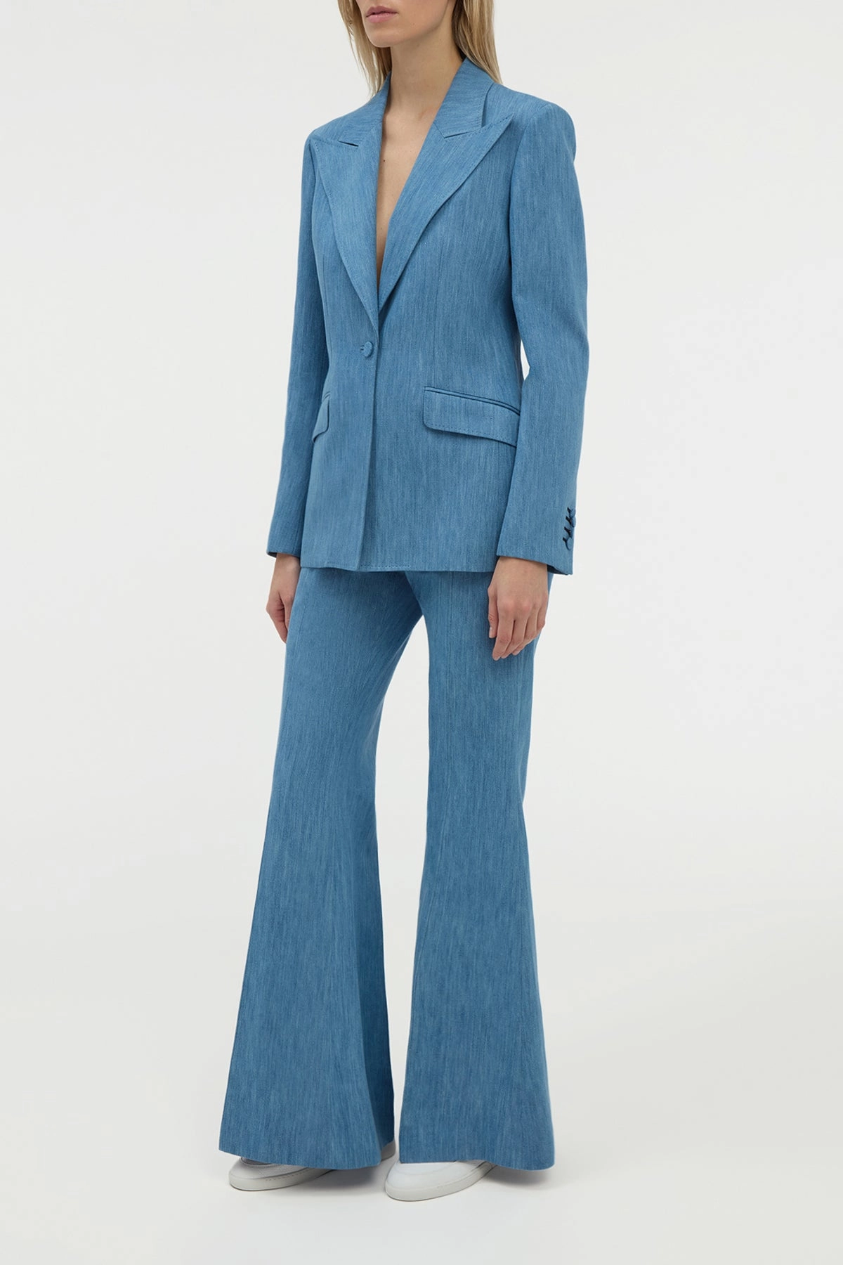 Formal Outfit Tailored Layer Leiva Blazer in Medium Blue Recycled Cotton Linen Denim