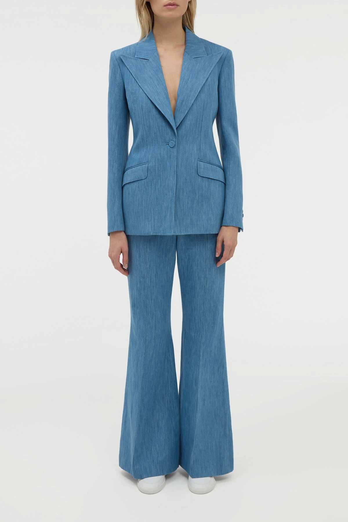 Modern Comfort Elegant Layering Leiva Blazer in Medium Blue Recycled Cotton Linen Denim