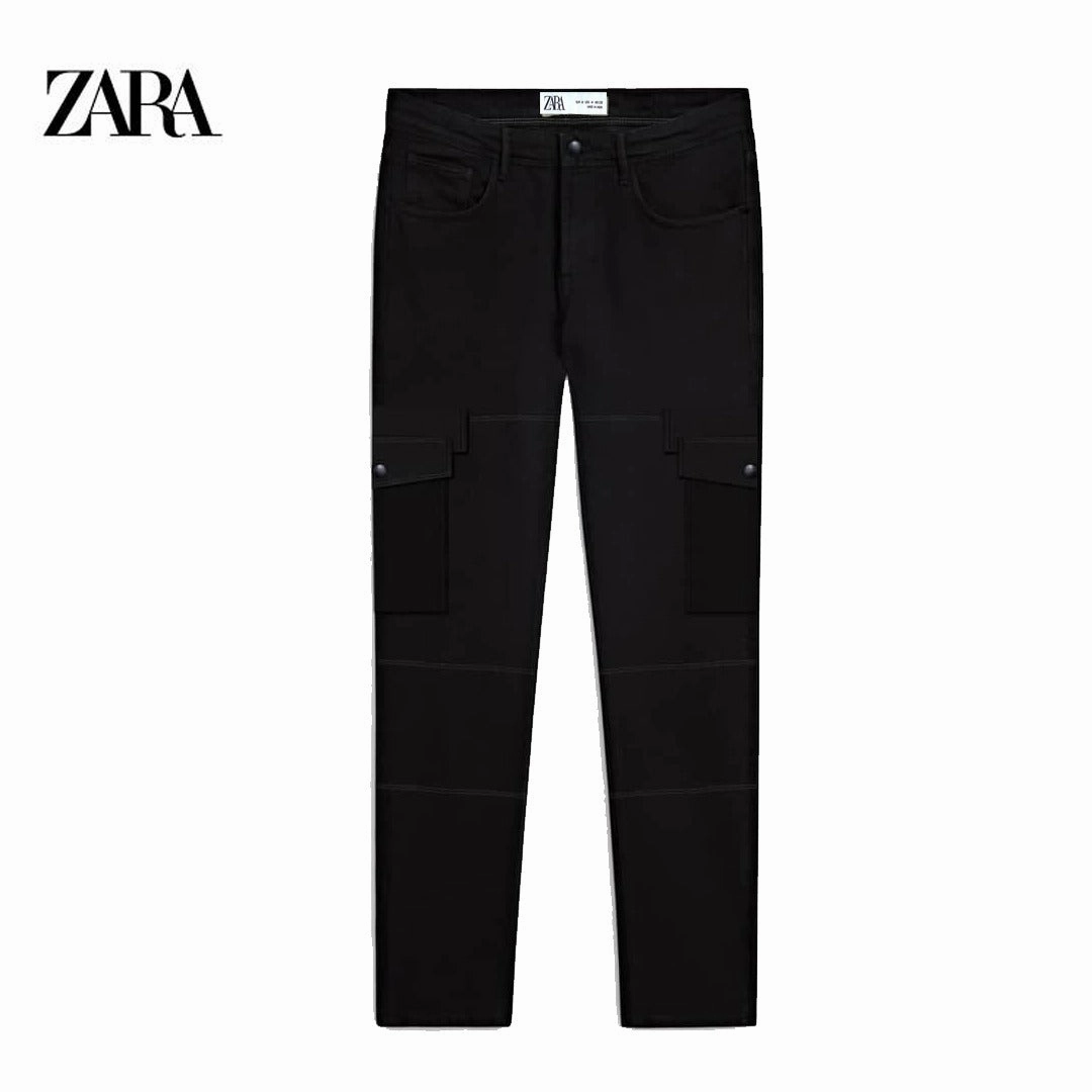 Zara Men Black Cargo Jeans Reflective Accent Detailing