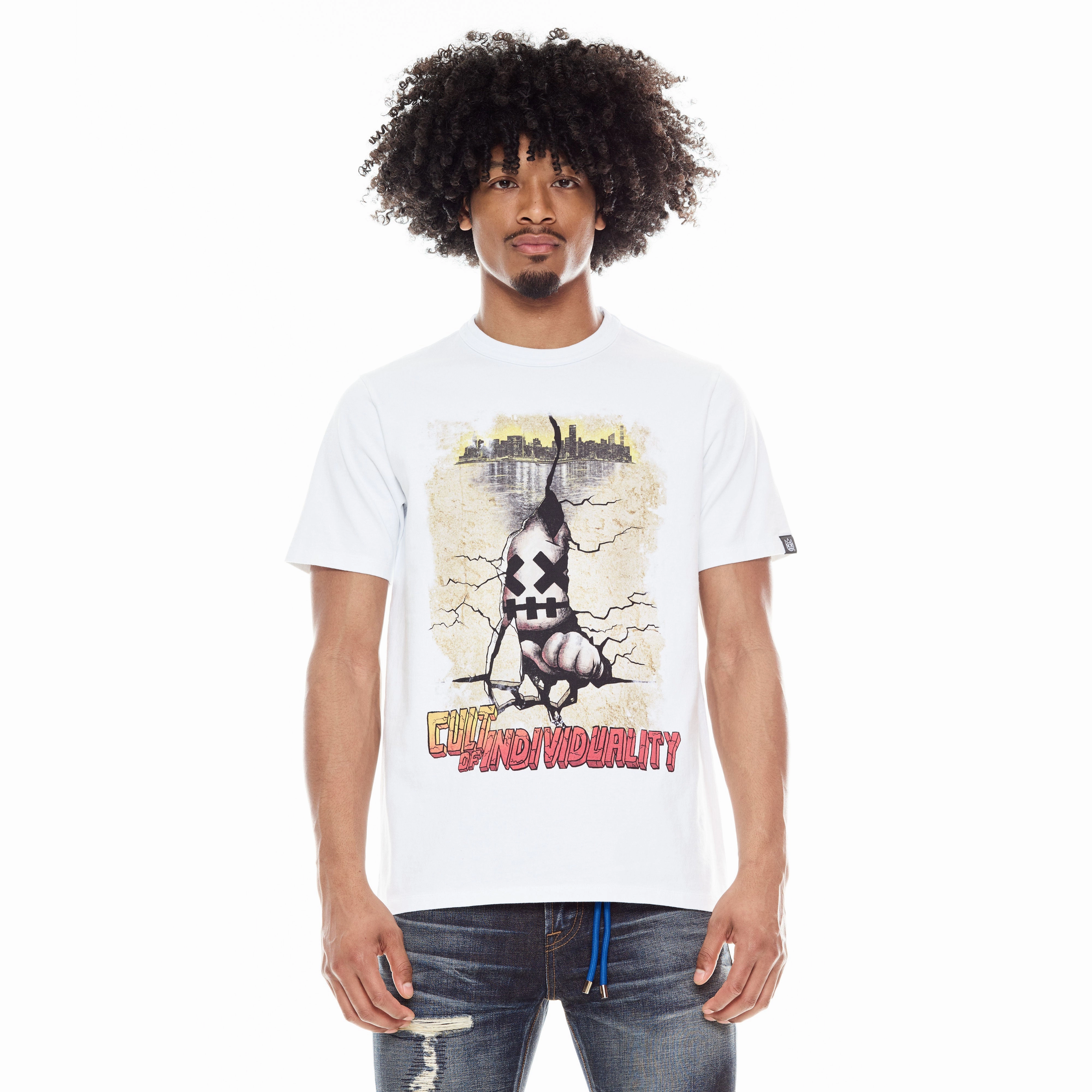 Cult's Short Sleeve Crew Neck Tee "Cracked Wall" in White Fashion Essential Versatile Wear