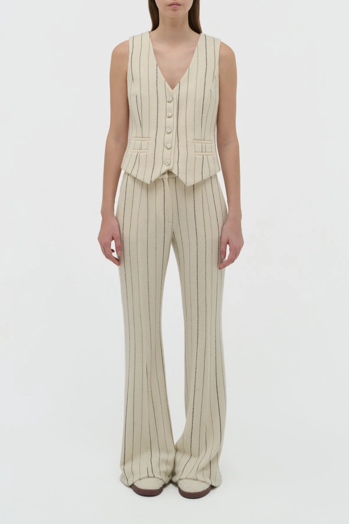 Fashionable Wear Work Fit Rhein Flare Pant in Ivory Multi Pinstripe Wool Cashmere