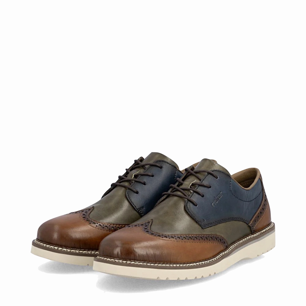 Rieker Men's Alan 04 Wing Tip Shoe in Muskat/Forest/Royal Blue Soft Edge Foot alignment