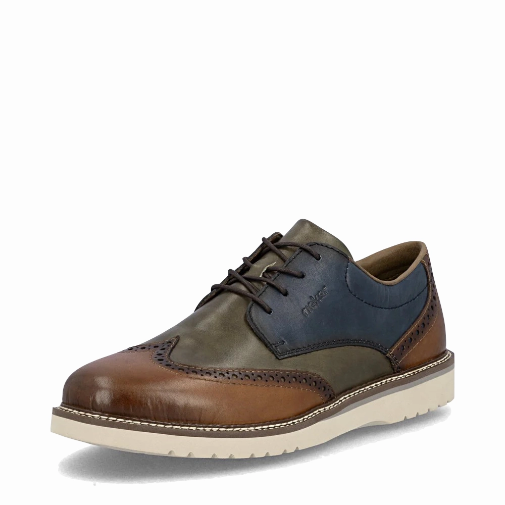 Rieker Men's Alan 04 Wing Tip Shoe in Muskat/Forest/Royal Blue High-End Leather Day Shade