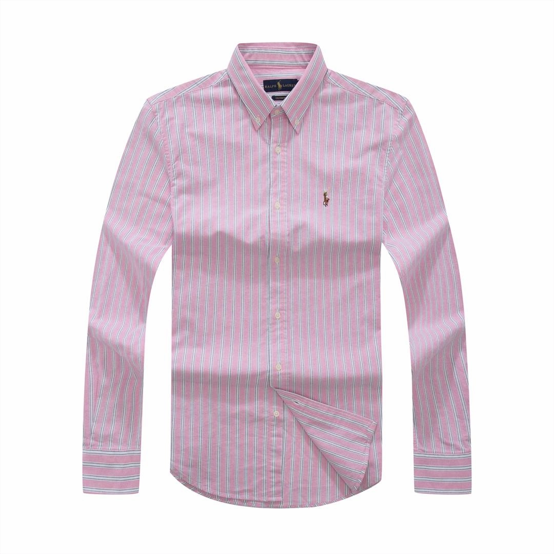 Quality Material Gender Neutral RL Small Pony Pink/ White Men Long  Sleeve Oxford Stripe Shirt