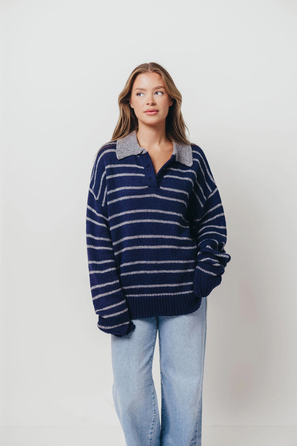 SoftLining Microfiber Blended Fabric Rochelle Stripe Sweater with Contrast Collar in Navy