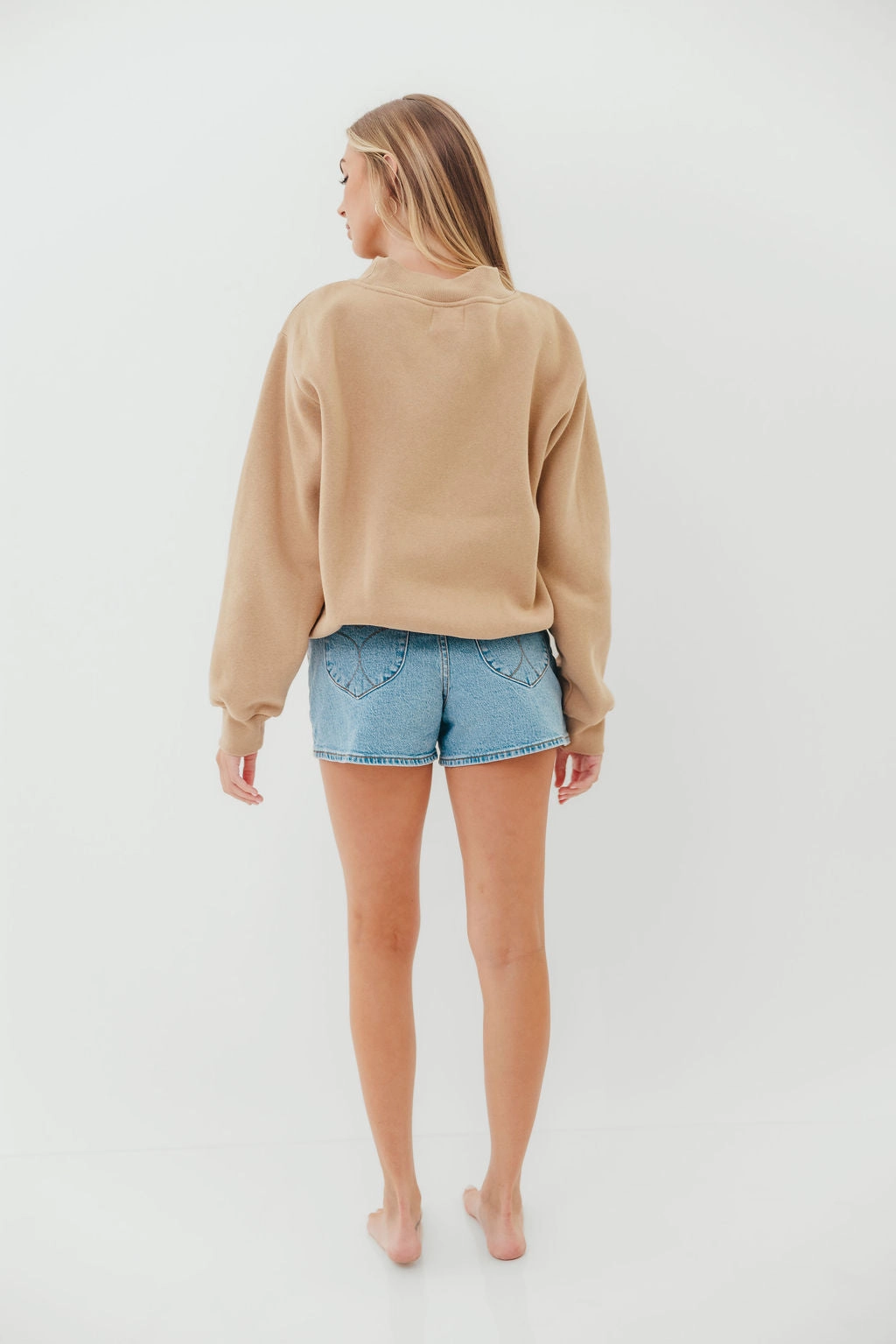 Scout Wide Neck Fleece Sweatshirt in Tan Snag Free Fabric Non Closure Collar