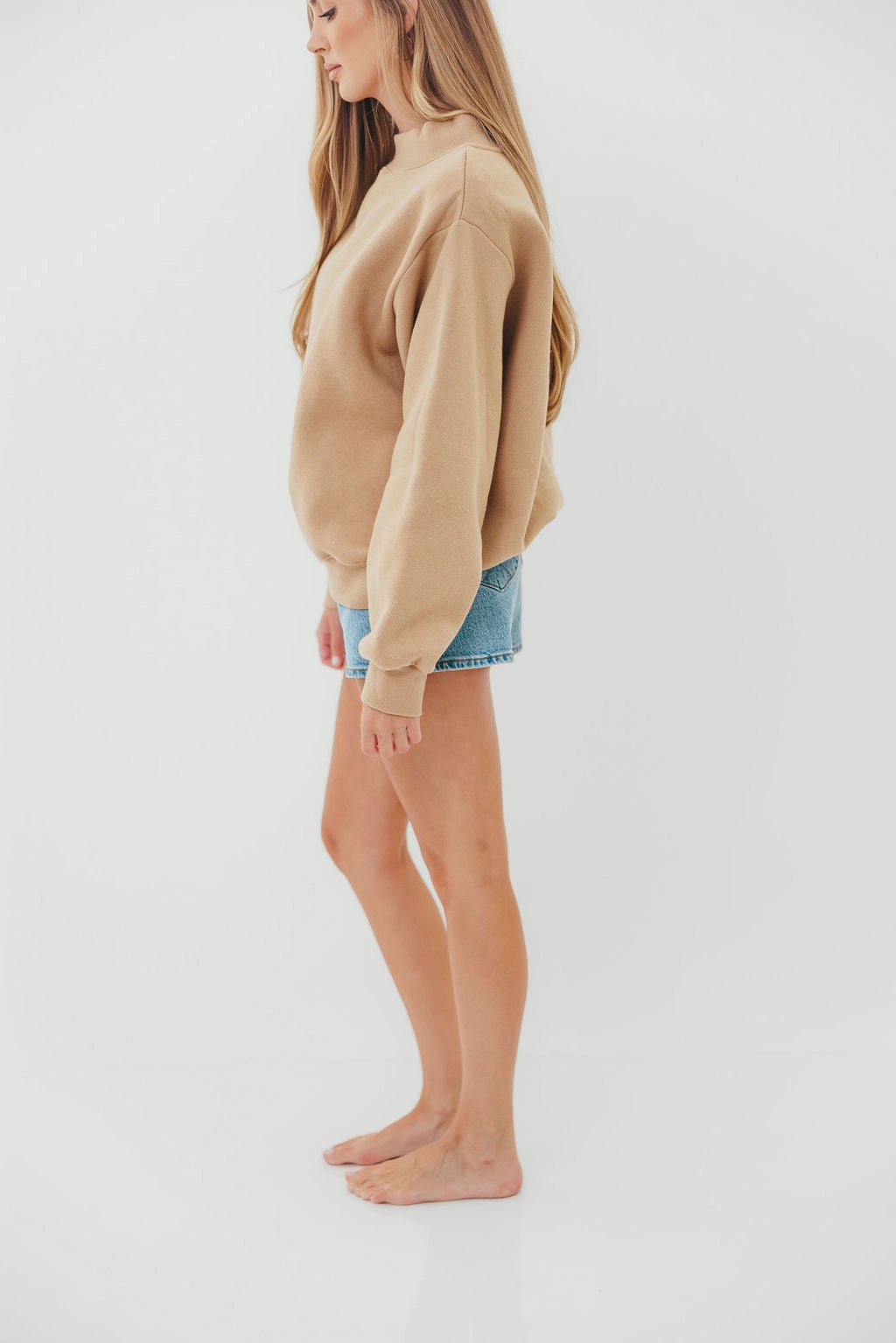 Scout Wide Neck Fleece Sweatshirt in Tan Curved Hem Design