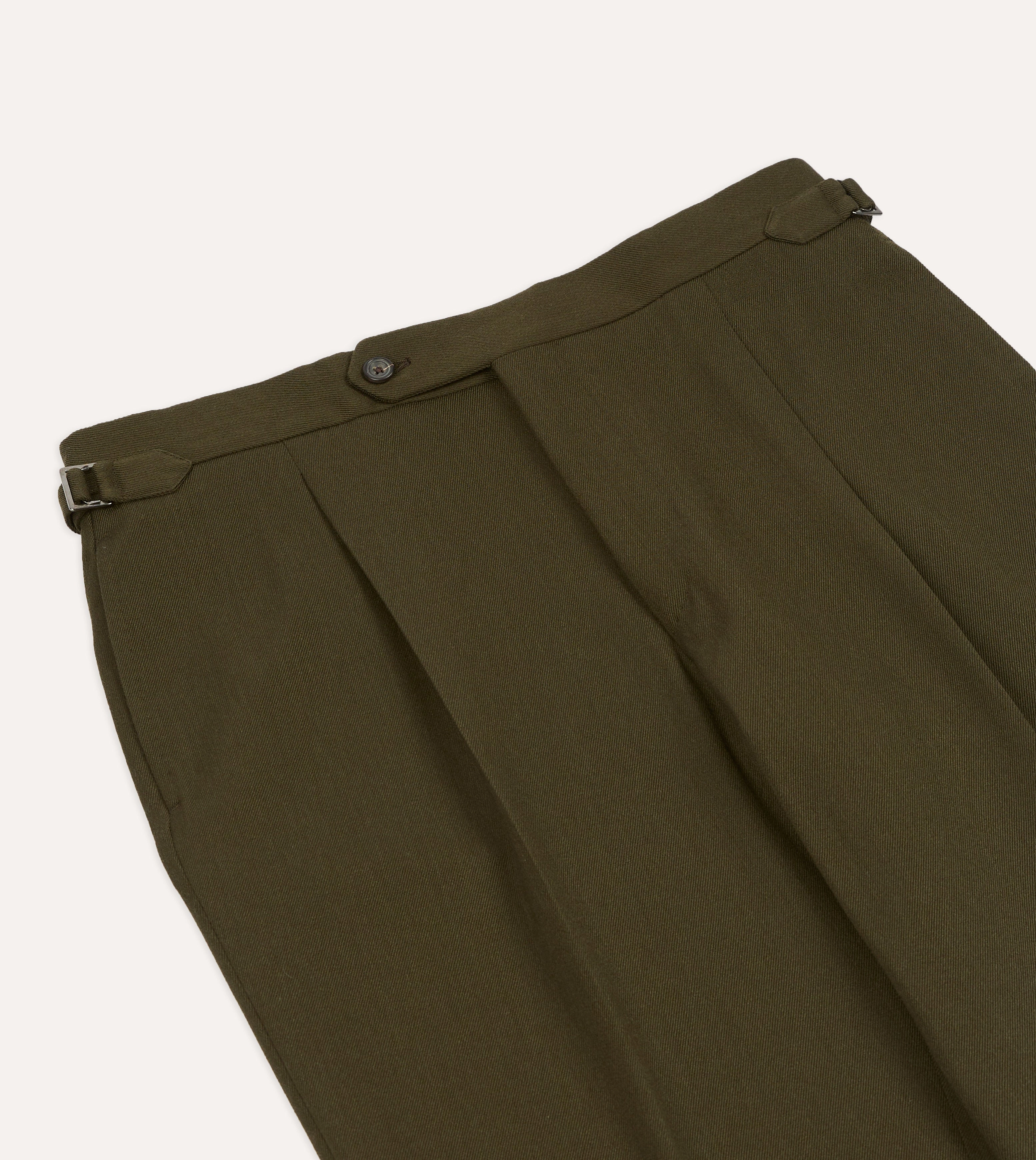 Olive Wool-Cotton Single Pleat Trouser Tapered Leg Design ResilientElasticBand