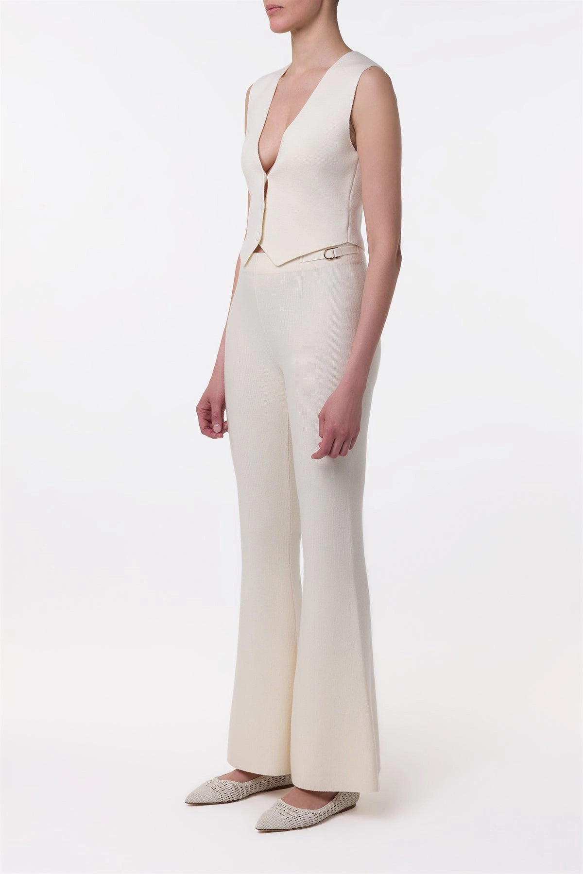 Ayala Flare Cropped Knit Pant in Ivory Merino Wool Cashmere Sleek Look Contemporary Style