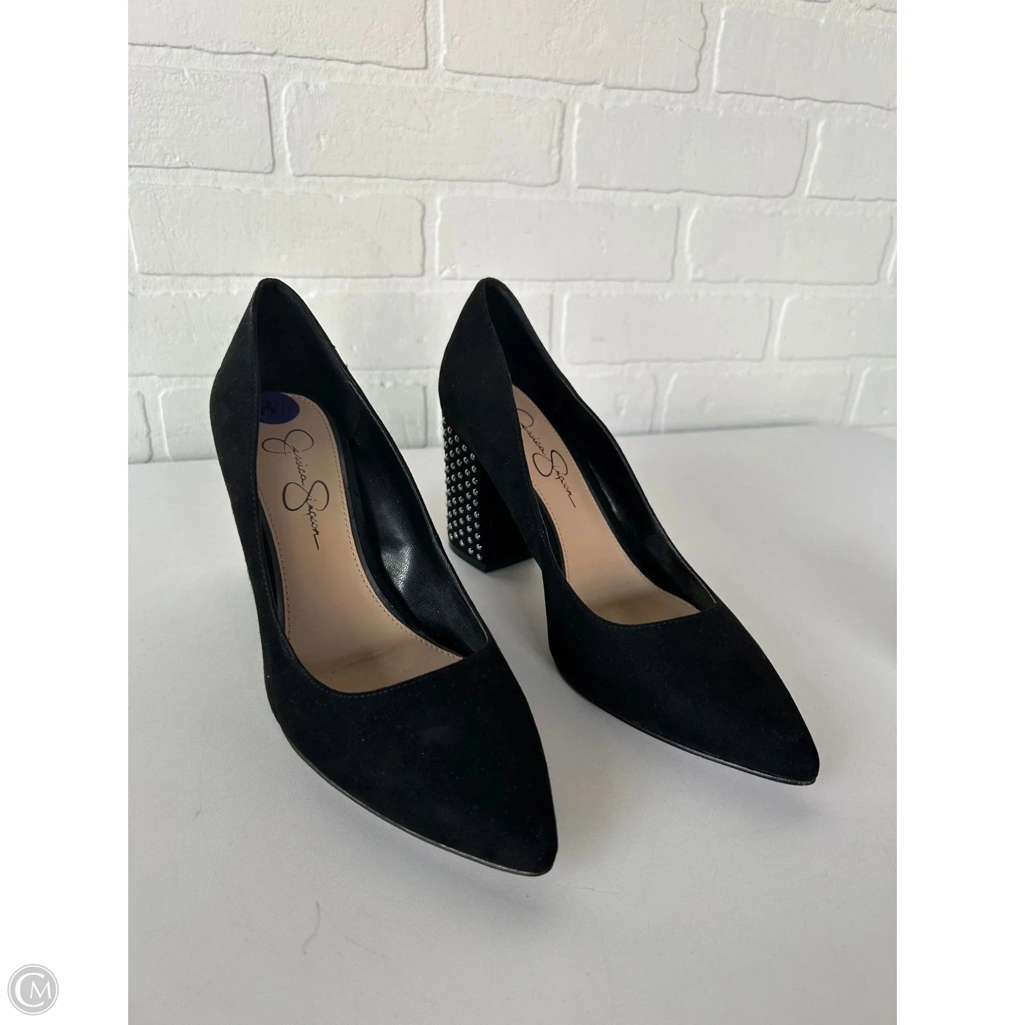 Chic Booties Shoes Heels Block By Jessica Simpson In Black & Silver, Size: 8.5