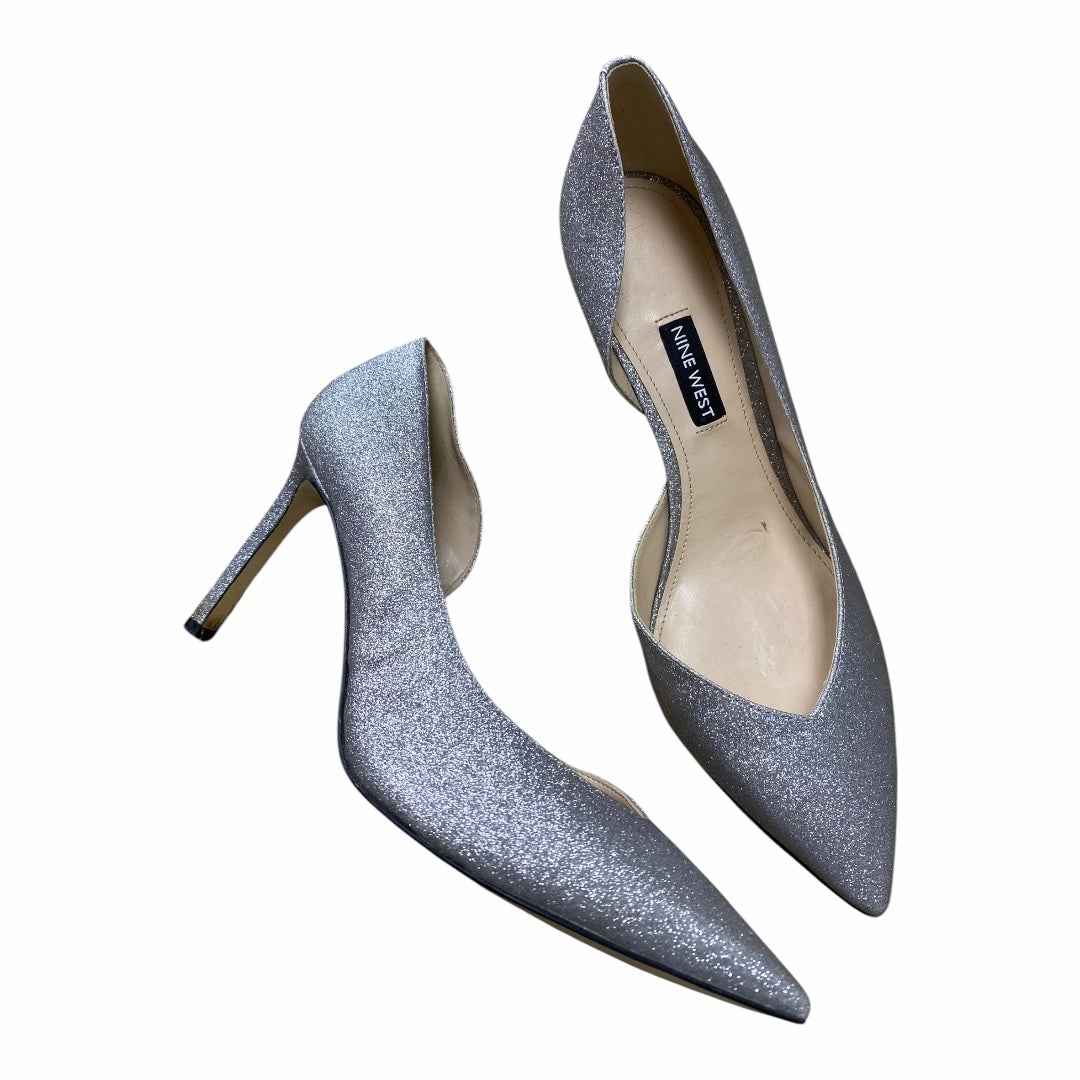 Satin Pumps Comfortable Foot Feel Shoes Heels Stiletto By Nine West In Silver, Size: 7