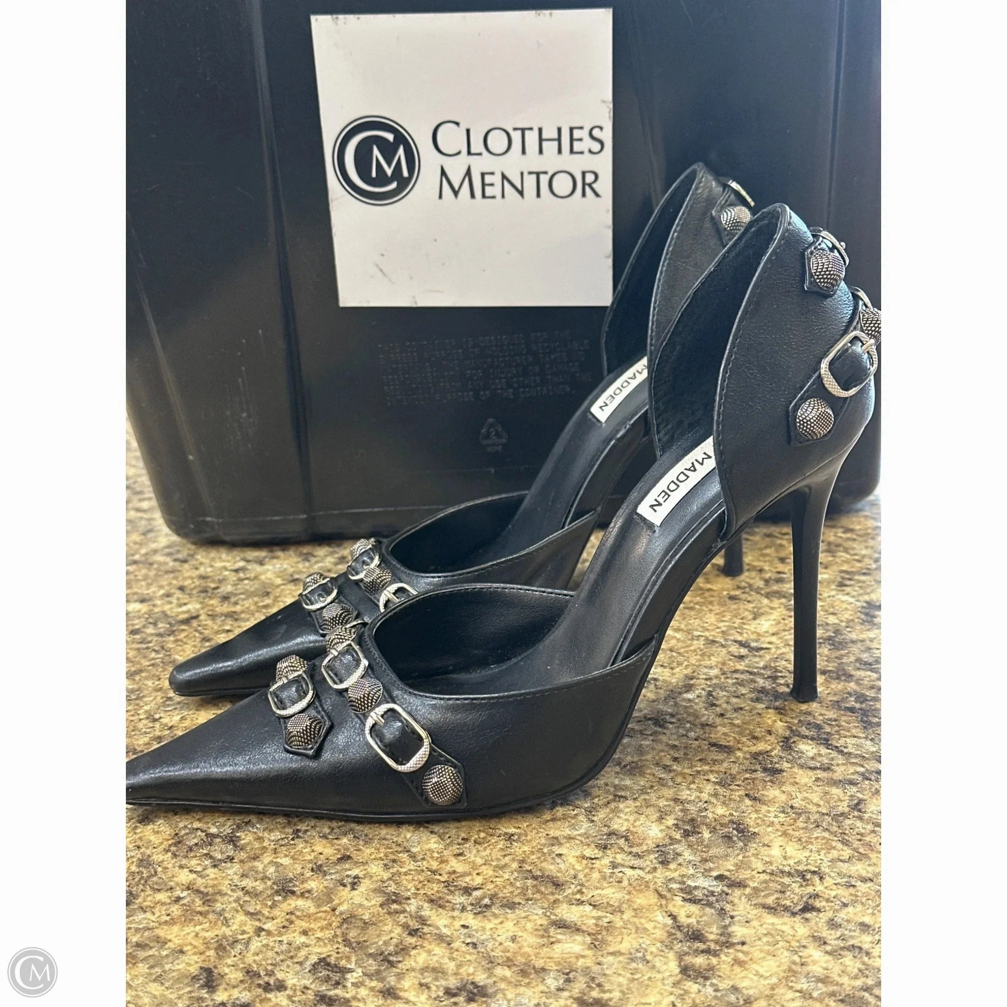 Luxury Design Removable Footbed Shoes Heels Stiletto By Steve Madden In Black & Silver, Size: 7.5