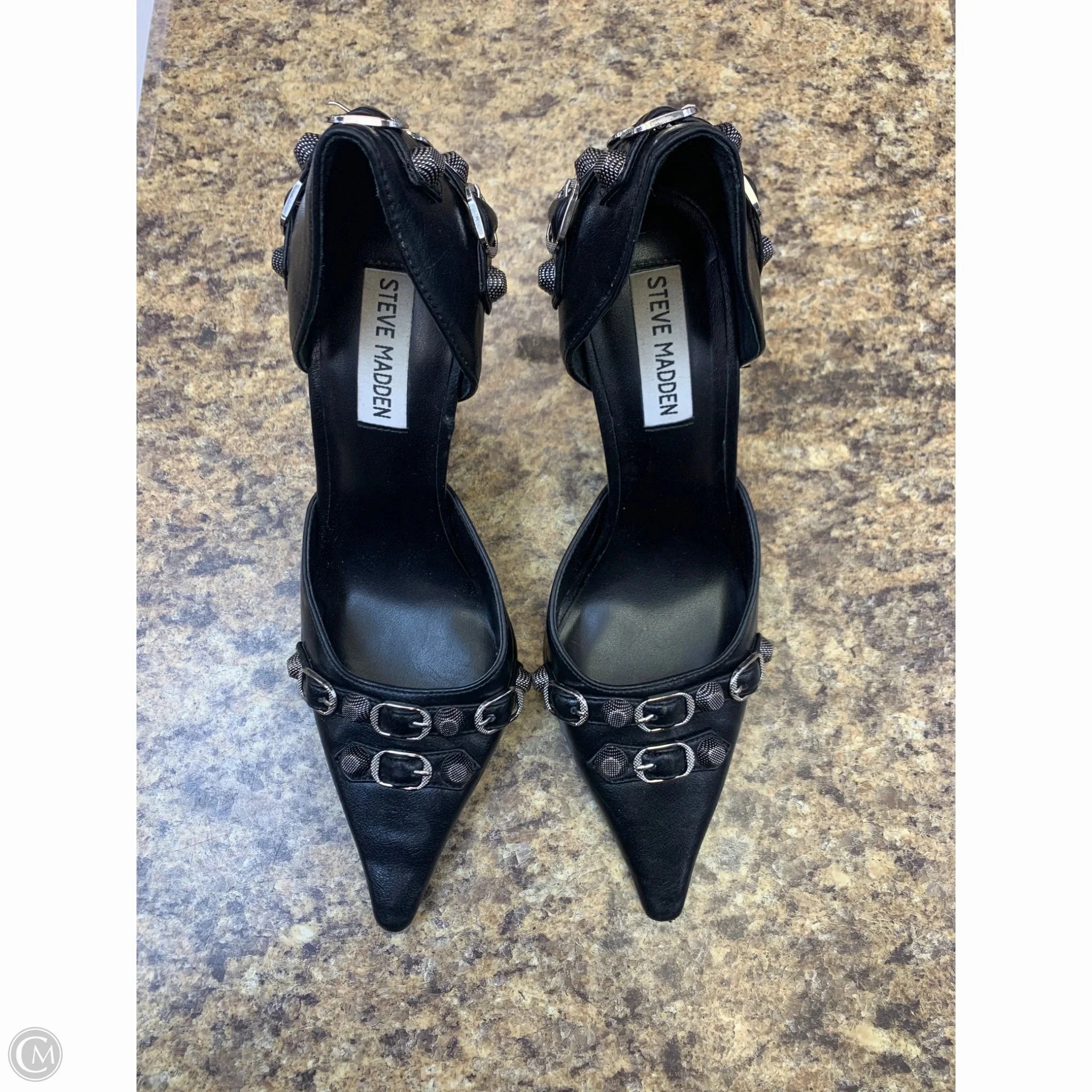 Open Toe Wedges Shoes Heels Stiletto By Steve Madden In Black & Silver, Size: 7.5