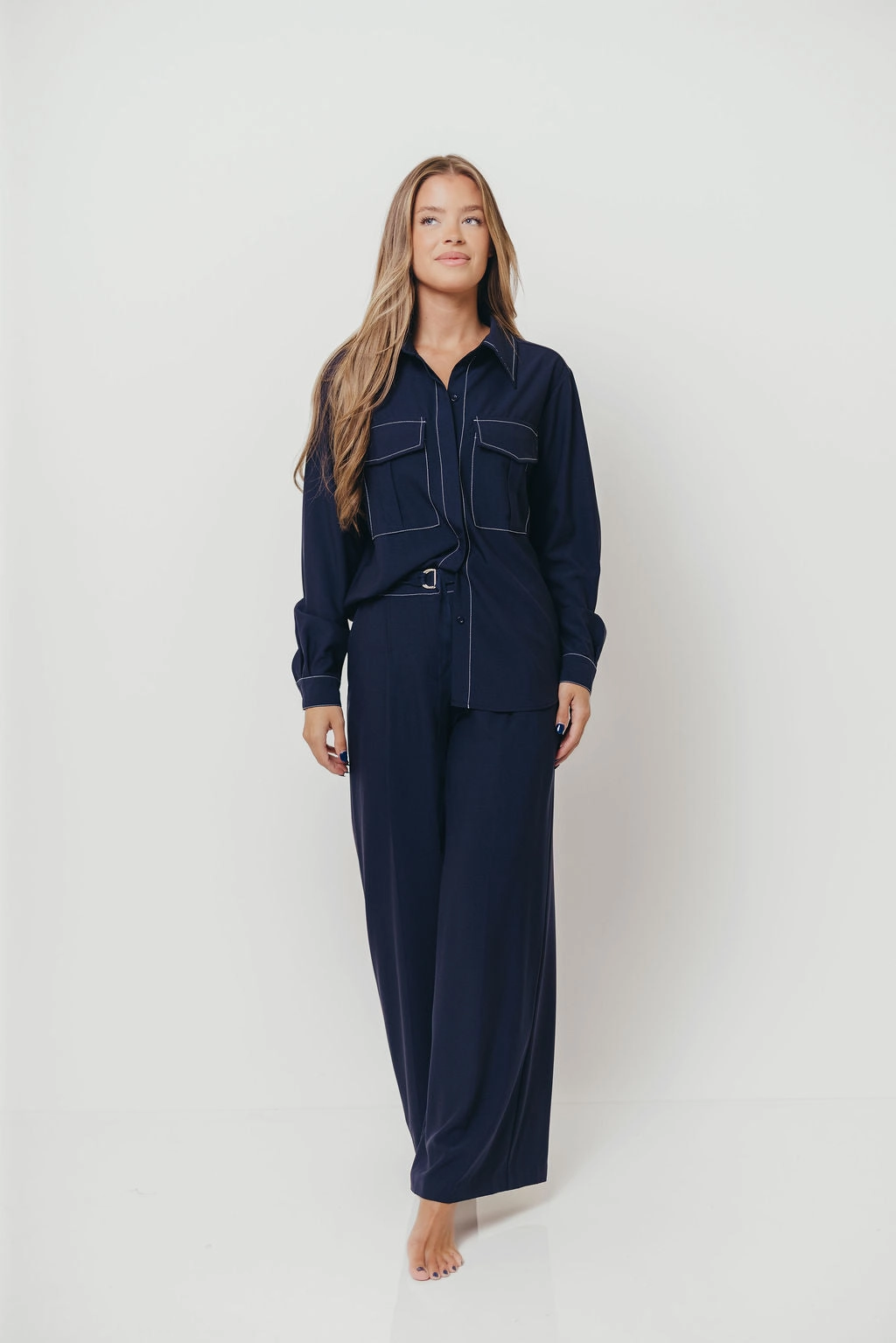 No Ride Fit Greer Contrast Stitch Belted Trousers in Midnight Blue