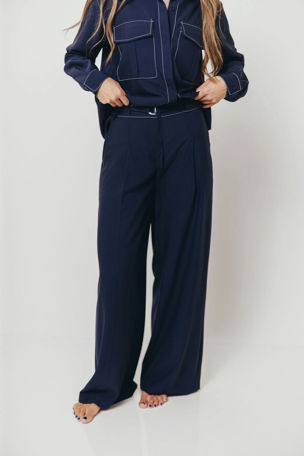 Pocket Reinforcement Greer Contrast Stitch Belted Trousers in Midnight Blue