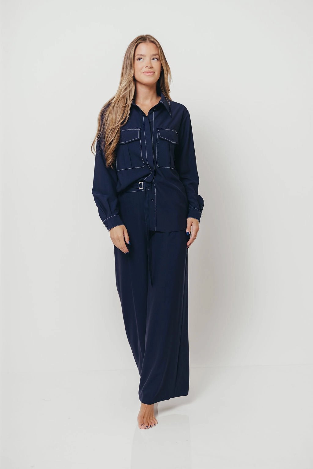 UVProtection WaterRepellentCoating Greer Contrast Stitch Belted Trousers in Midnight Blue