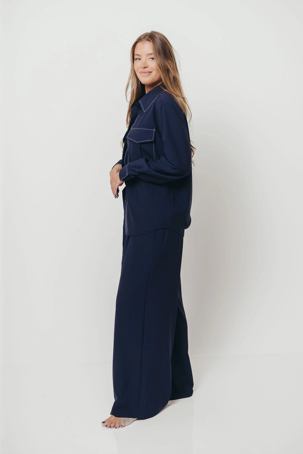 Greer Contrast Stitch Belted Trousers in Midnight Blue Reinforced Stitching