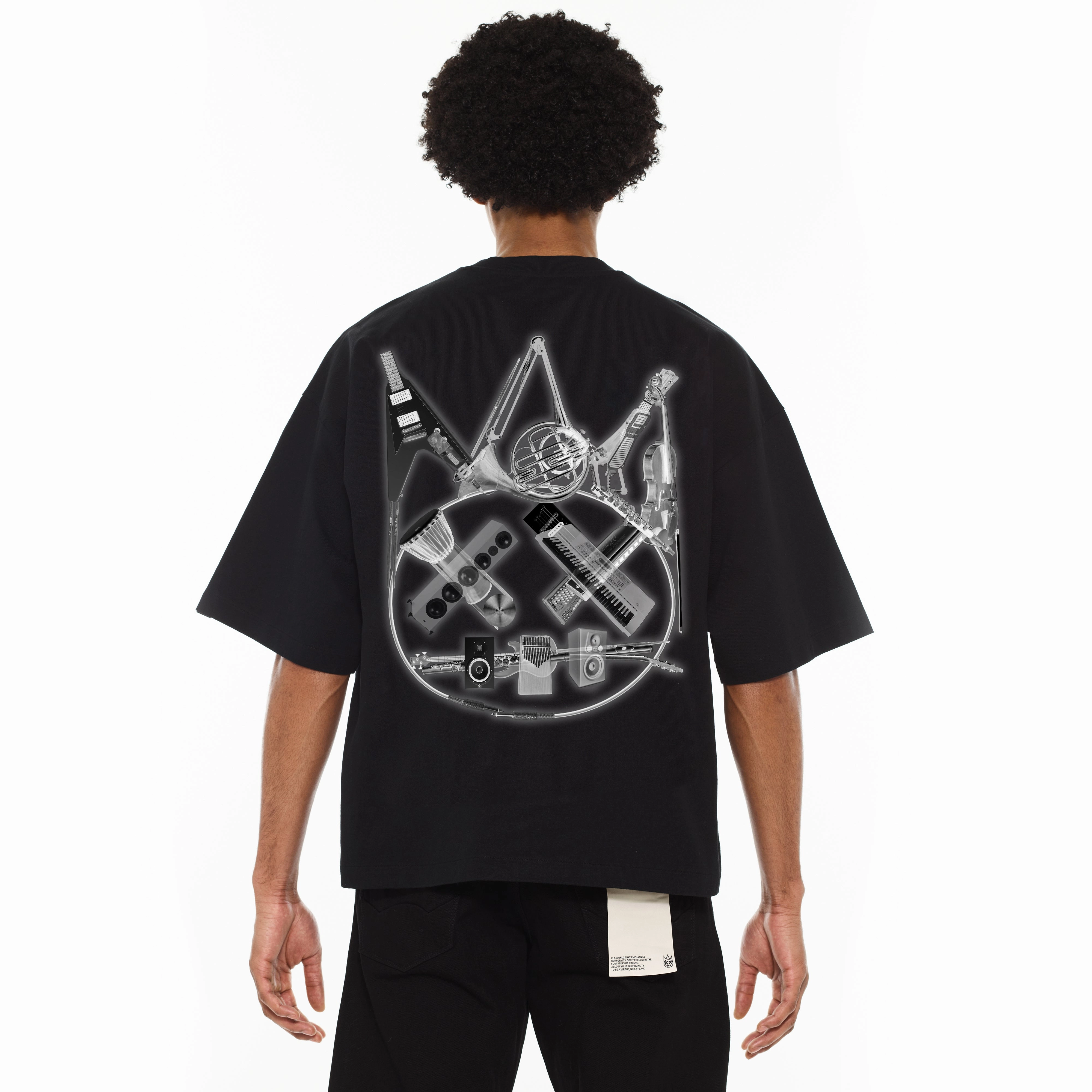 Cult's Oversized Heavyweight Boxy Short Sleeve Crew Neck Tee "Instruments" in Black shopping