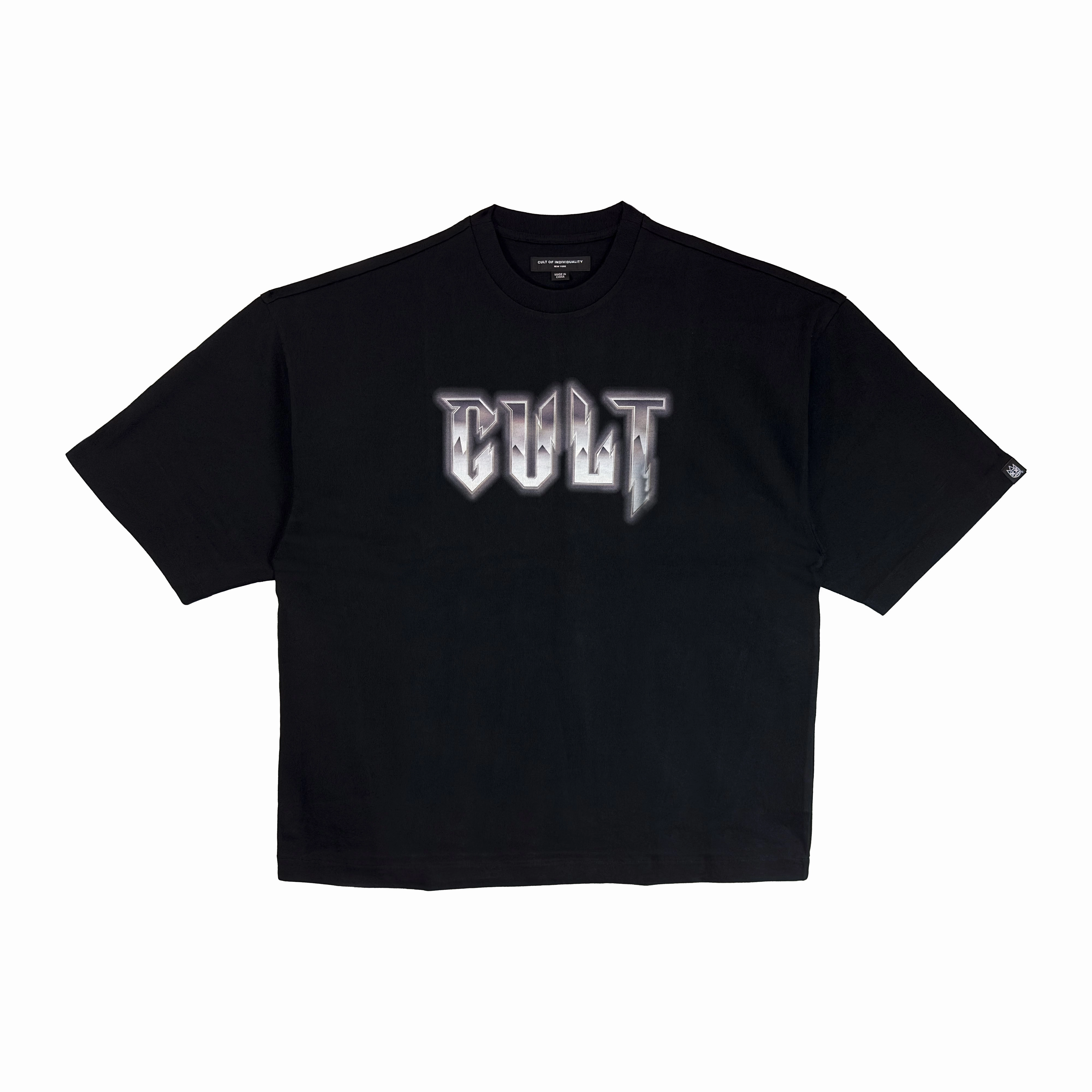 skinny but not tight Cult's Oversized Heavyweight Boxy Short Sleeve Crew Neck Tee "Instruments" in Black